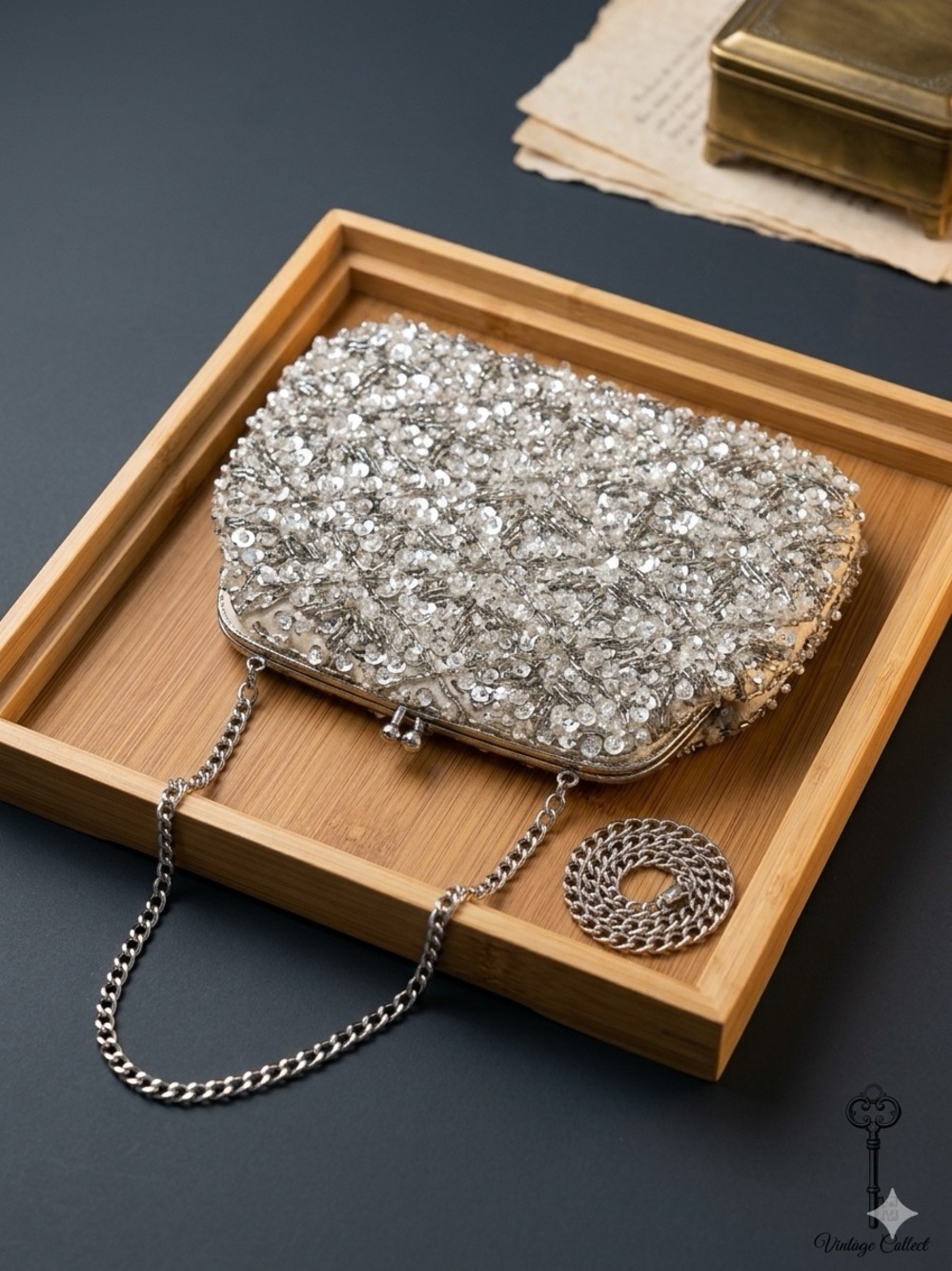 Vintage 1960s Hand Beaded Silver Sequin Evening Clutch Bag Handcrafted Hong Kong